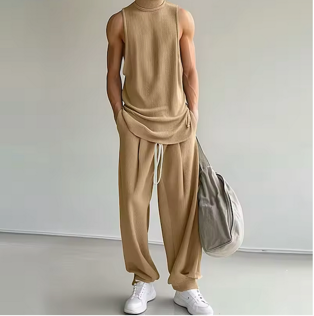 Découvrez l'Ensemble Deep, set deux pièces débardeur et pantalon. Style minimaliste et confortable. Disponible en beige, bleu ciel, vert clair et gris clair. Livraison rapide.